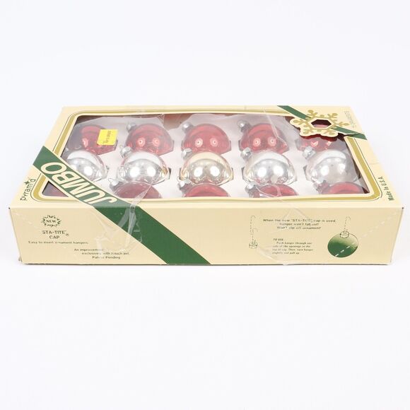 Vintage Pyramid Jumbo 2” Round Christmas Bulb Ornaments 15ct Red & Silver USA - Picture 8 of 10